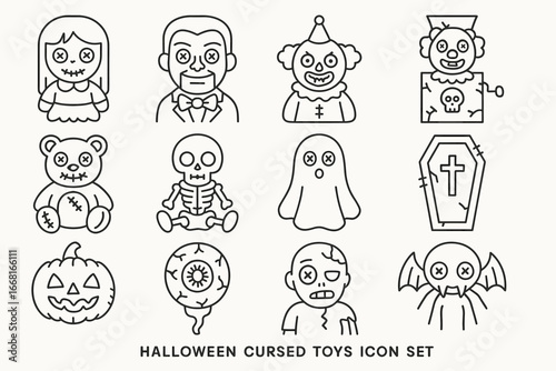Spooky halloween cursed toys icon set with creepy and fun designs