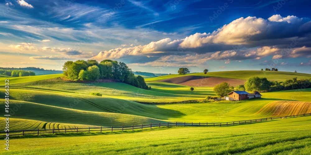 Obraz premium Serene Rural Landscape Rolling Green Hills, Farmhouse, and Wooden Fence under a Dramatic Sky