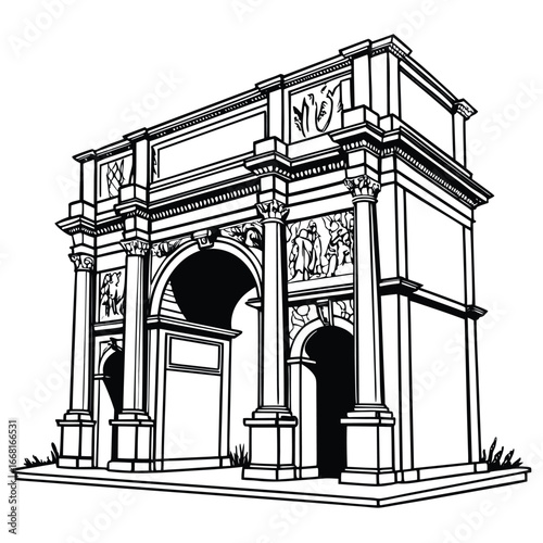 Ancient temple arch with carvings silhouette