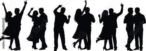 Couple silhouettes dancing together, romantic man and woman in dance poses, love relationship vector illustration, party celebration design elements