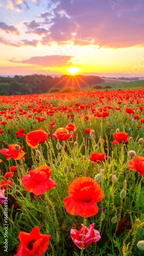 A vibrant field of poppies at sunrise  bathed in golden light and showcasing a stunning display of red blooms against a backdrop of lush green foliage and a beautiful sky.