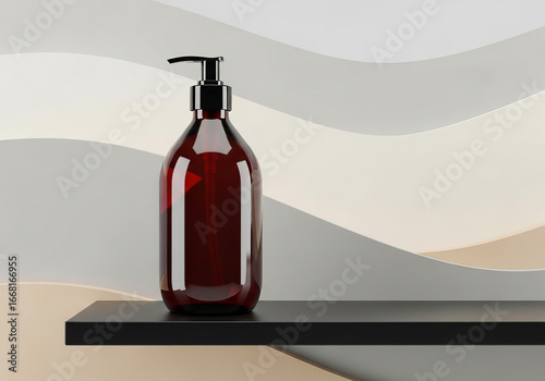 Amber glass pump bottle of liquid soap or lotion on a black shelf against a soft abstract background