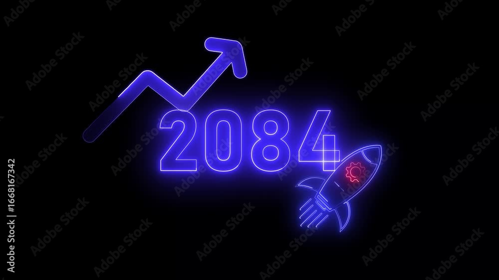 custom made wallpaper toronto digitalBlue neon 2084 year with upward arrow graph and rocket ship icon on black background new year