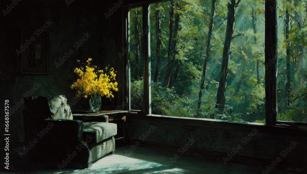 Fototapeta premium Interior room, window to forest, sunlight