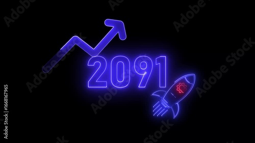 Wallpaper Mural Blue neon 2091 year with upward arrow graph and rocket ship icon on black background new year Torontodigital.ca