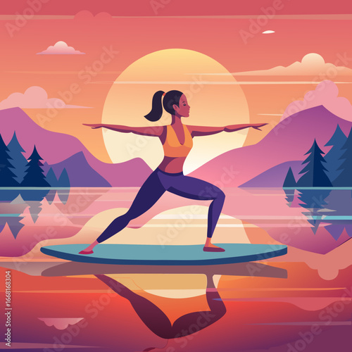 A South Asian woman in athletic wear performing a powerful yoga pose (e.g., Warrior II) on a stand-up paddleboard in the middle of a calm, crystal-clear lake at sunset. The water reflects the orange a