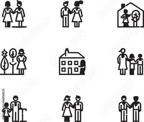 Family icon set vector: home, relationships, generations eps silhouette
