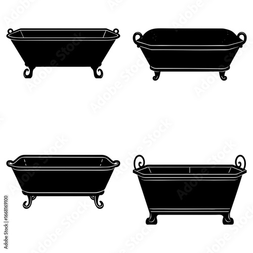 Four vintage clawfoot bathtubs in black silhouette with varying shapes and ornate leg designs shown