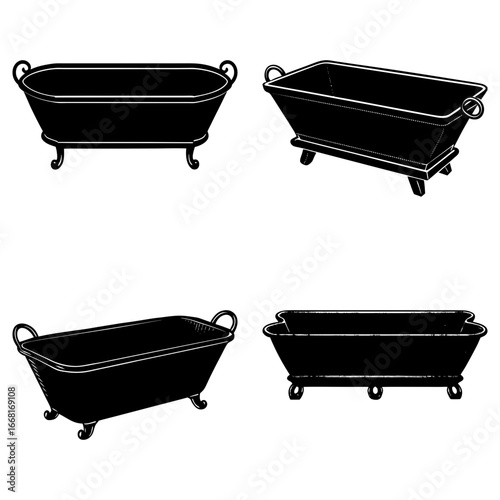 Collection of four antique bathtubs in black and white with different shapes and leg styles shown