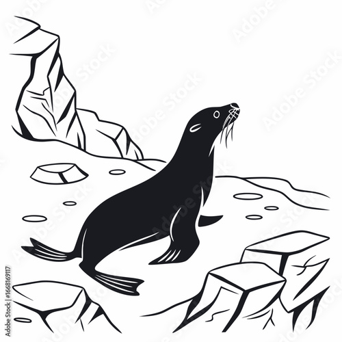 Seal swimming under ice silhouette