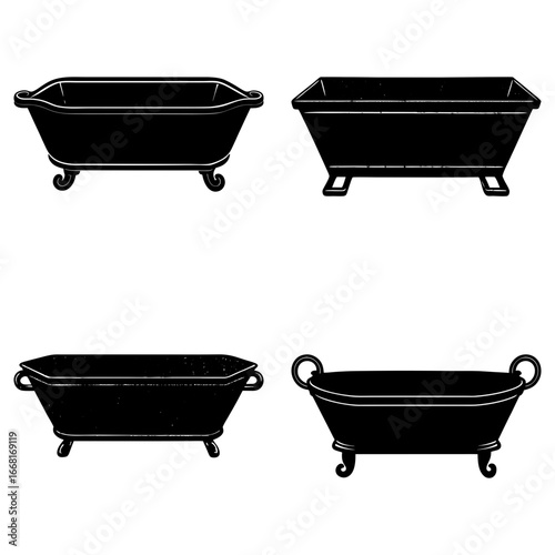 Illustration of four different styles of bathtubs in black silhouette on a white background design