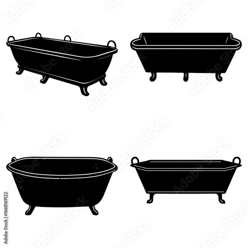 Collection of four different style bathtubs in black and white vector illustration design set up nicely