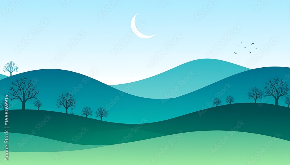 Obraz premium A serene landscape portrays rolling hills in shades of teal and green, with bare trees silhouetted against the gentle slopes, under a pale blue sky with a crescent moon.