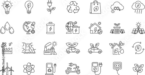 Eco energy icons, renewable resources, green technology, solar panels, electric vehicle, recycling, sustainable environment, clean energy, climate change, nature conservation illustration
