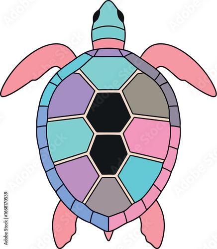 Colorful mosaic sea turtle illustration with pastel hues and a black center