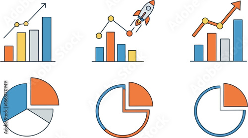 Business growth charts and rocket symbolizing startup success and financial progress