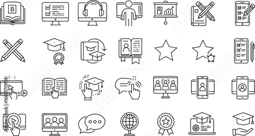 Education icons, online learning, digital classroom, e-learning tools, graduation symbols, study materials, teaching resources, distance education, academic success, training illustration