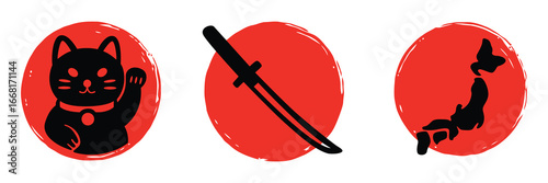 Japanese culture vector illustration with lucky cat sword and map
