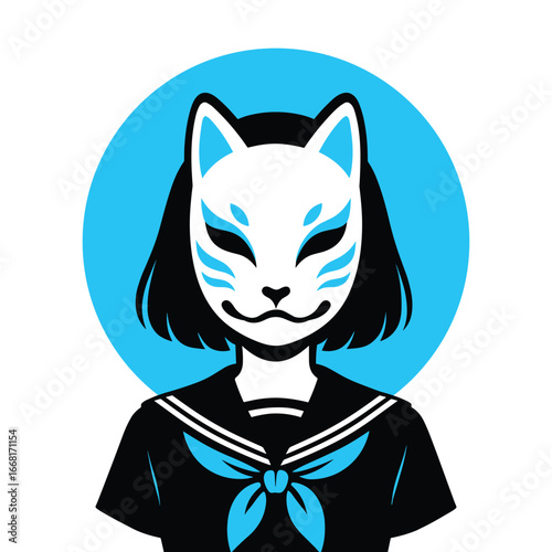 Japanese kitsune mask vector illustration with girl in school uniform