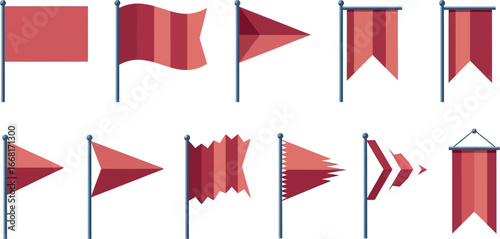 Collection of various red flags and banners displayed on poles