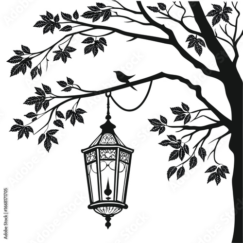 Ancient lantern with intricate frame silhouette