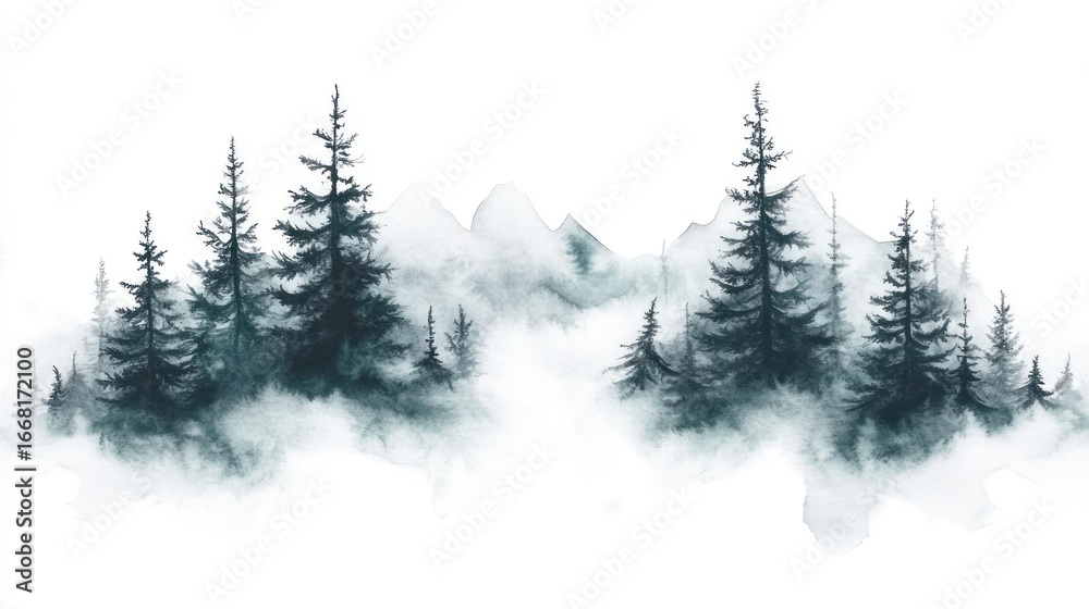 Obraz premium Misty mountain range with dark evergreen trees