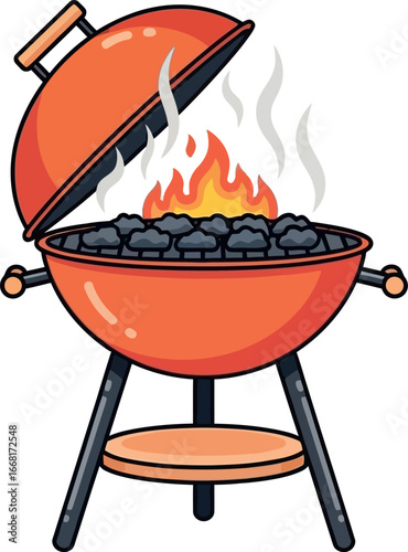 Fiery charcoal grill with hot coals and smoke, ready for outdoor cooking
