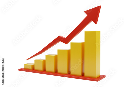 Red Arrow Ascending Above Yellow Bar Graph on a Transparent Black Background