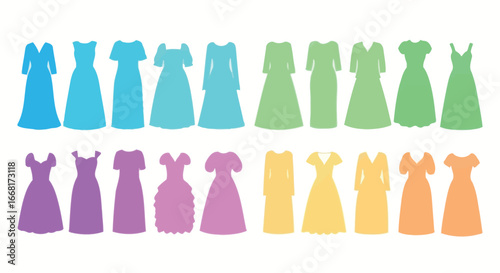 A colorful collection of elegant dresses in various styles and lengths, arranged in rows