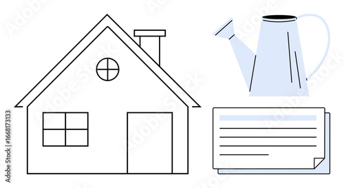 Outline house with chimney, watering can, and paper stack suggests home gardening, sustainability. Ideal for real estate, gardening, organization, education, eco-living minimalism simple flat