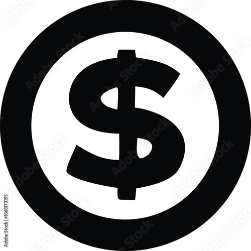Simple black and white dollar sign icon inside a circle represents money finance and commerce symbols graphic design element