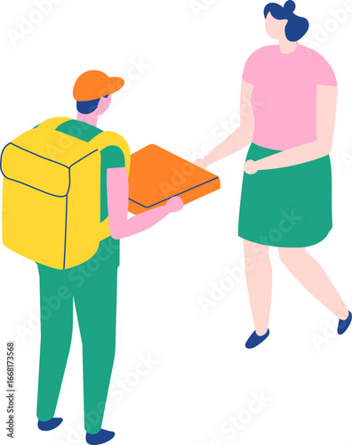 Flat isometric illustration of courier delivering pizza box. Modern food delivery service, courier with backpack, fast food, logistics and shipping concept.