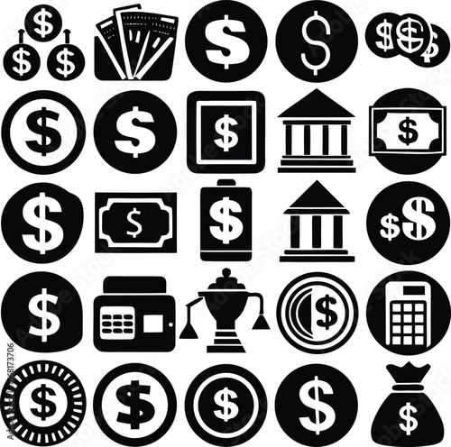 Financial icons collection representing money wealth and banking services including coins bills and banks for financial concepts