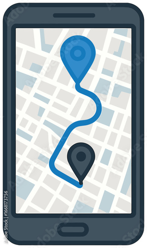 Navigation app vector: gps, map path, mobile interface for directions and location tracking