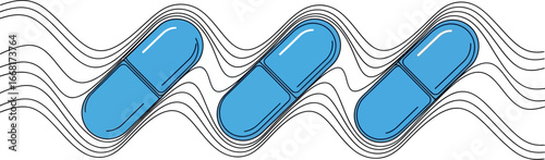 Three blue pills moving rhythmically along a wavy line