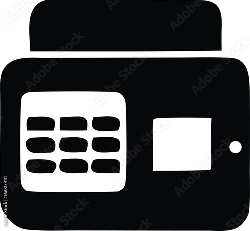 Modern black and white icon of a fax machine with keypad and display panel for office or communication technology concepts