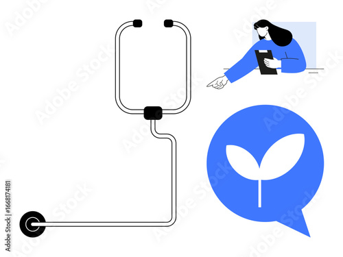 Stethoscope beside a healthcare worker pointing with a clipboard and a leaf inside a speech bubble. Ideal for health, medicine, eco-health, communication, bioethics, wellness, sustainability, simple