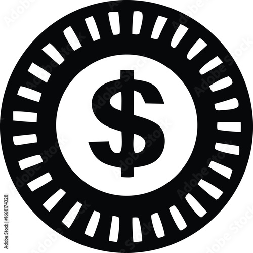 Black and white dollar sign chip symbol representing wealth casino game finance investment money concept icon