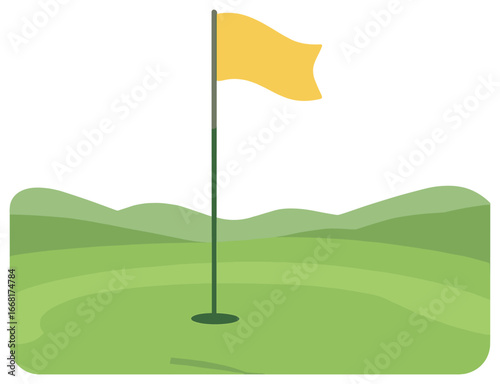 Serene golf course vector: peaceful green landscape, flag, hazards, fairways, sport concept