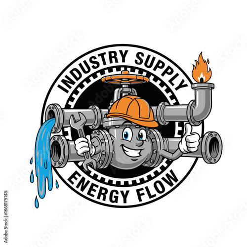 A cheerful valve mascot logo for an industry supply company.  Energy flow concept.