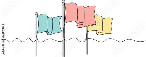 Three colorful flags gently waving in a light breeze over a wavy line suggesting water