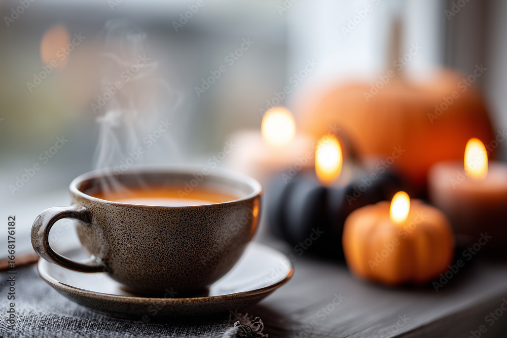 Obraz premium Cozy Halloween + hygge scene, close-up of steaming pumpkin spice tea with eerie glow from candles,