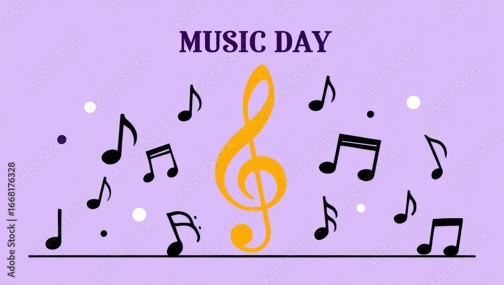 Obraz premium Music Day banner with golden treble clef surrounded by floating black notes on lavender background evoking celebration of sound. Generative AI.
