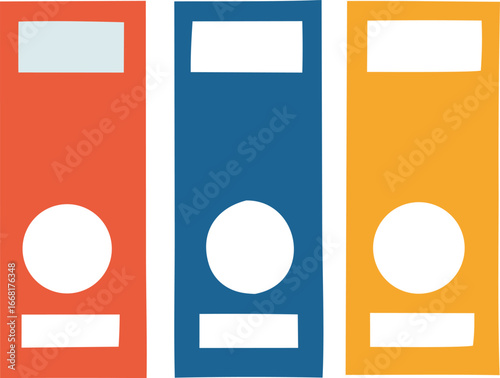 Three colorful binders standing upright with white rectangles and circles indicating label areas for organization