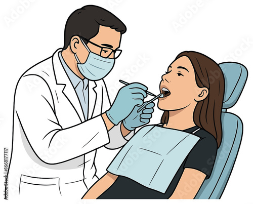 Dentist at work vector: professional dental care scene, oral health, examination, patient visit
