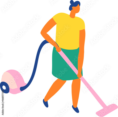 Flat vector illustration of woman vacuum cleaning. Isometric female character in casual lifestyle, home cleaning, household activity, domestic work and family life concept.