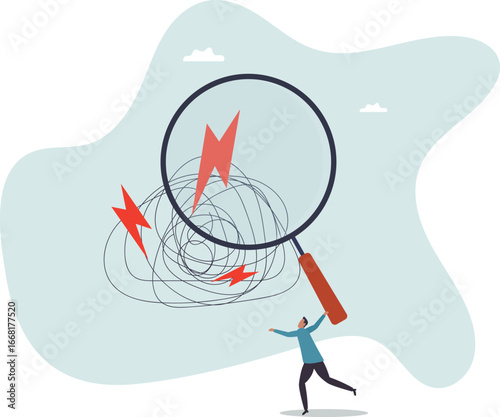 Analyze problem finding solution or opportunity, look for details to solve problem, discovery or search, root cause analysis or troubleshooting concept,about a man and his life.