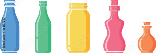 A vibrant collection of colorful glass bottles and jars on a white background