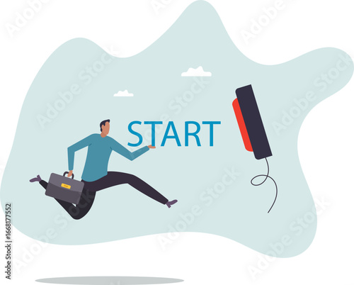 Push start button to start new business, entrepreneur to begin new company, startup to launch project, opportunity,about a man and his life.