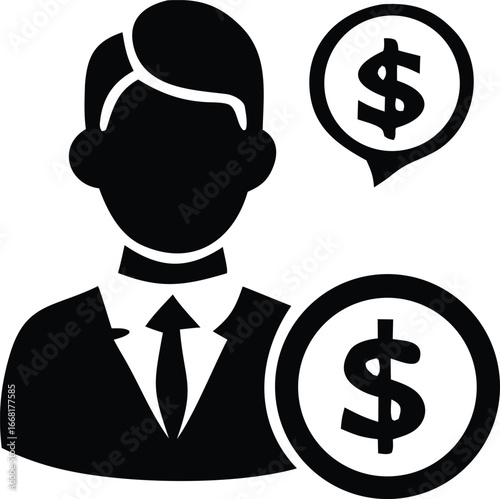 Financial professional with dollar signs representing wealth and business success icon graphic